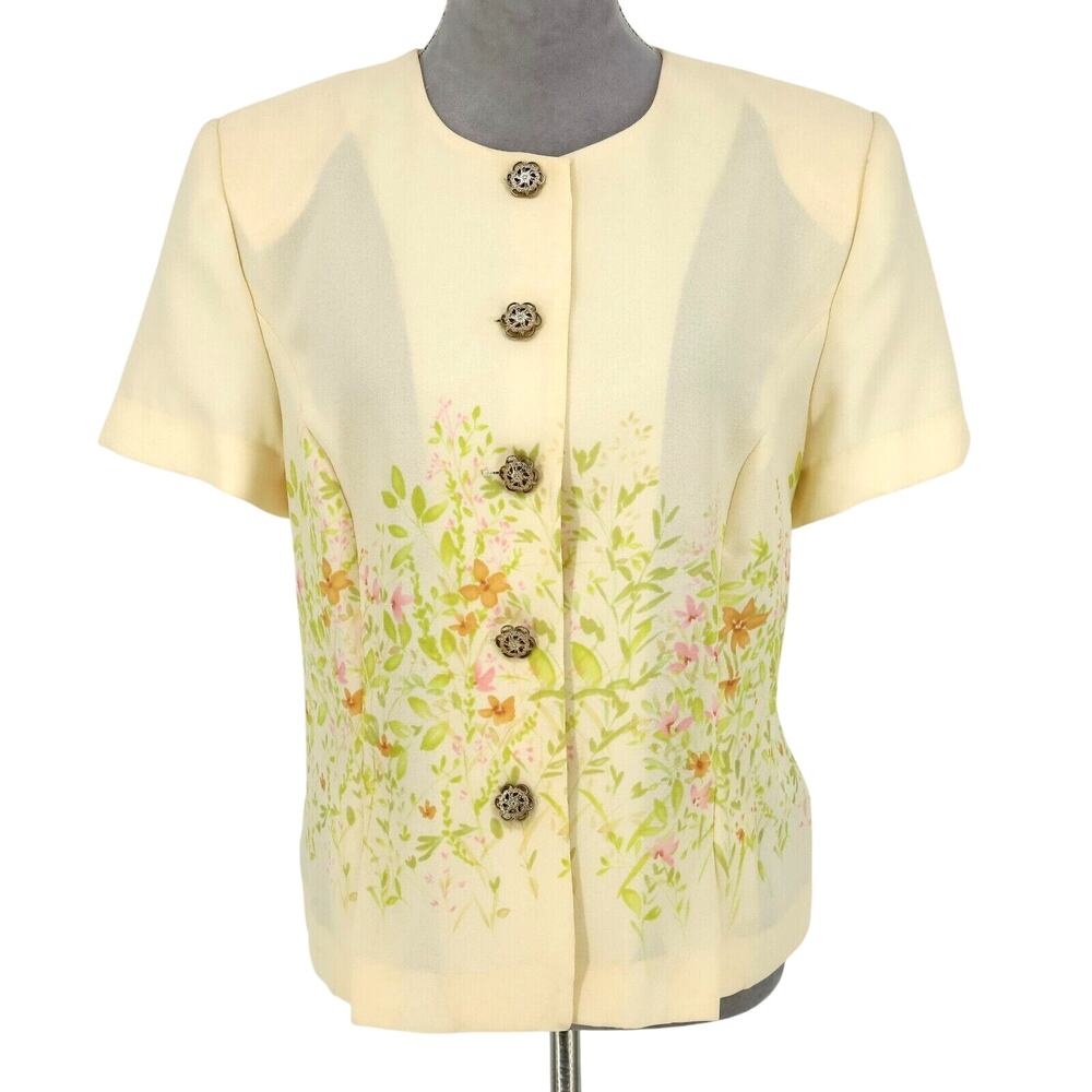 Leslie Fay Jacket Petites 16P Beige Yellow Floral Romantic Whimsy Career